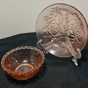 Vintage Pink Depression Glass Bowl and Plate Set